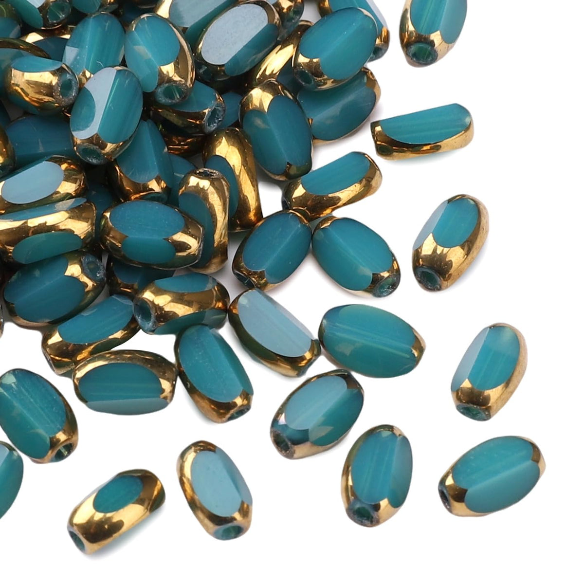 DADIFEN Glass Rice Beads Peacock Blue 4x6mm 50pcs Faceted Oval Golden Edge Crystal Loose Beads for DIY Craft Jewelry Making