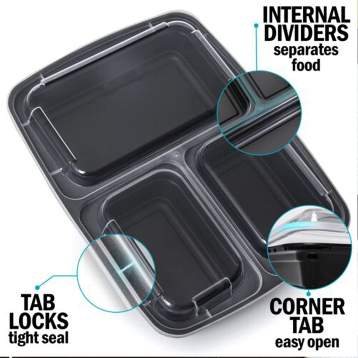 MORDEN MS Meal Prep Container With Lids, 50 Pack 3 Compartment Reusable Food Storage Container Divided Plastic Bento Box Lunch Box To-go Boxes(33oz)