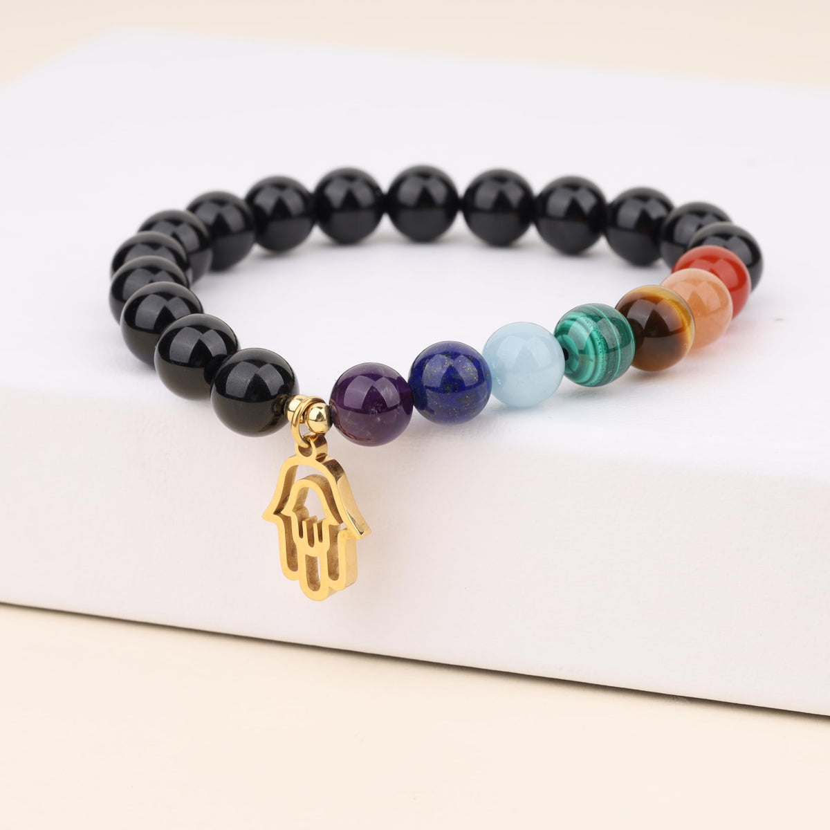COAI Hamsa Hand Bracelet 7 Chakra Balancing Bracelet Black Tourmaline Bracelet for Women Men