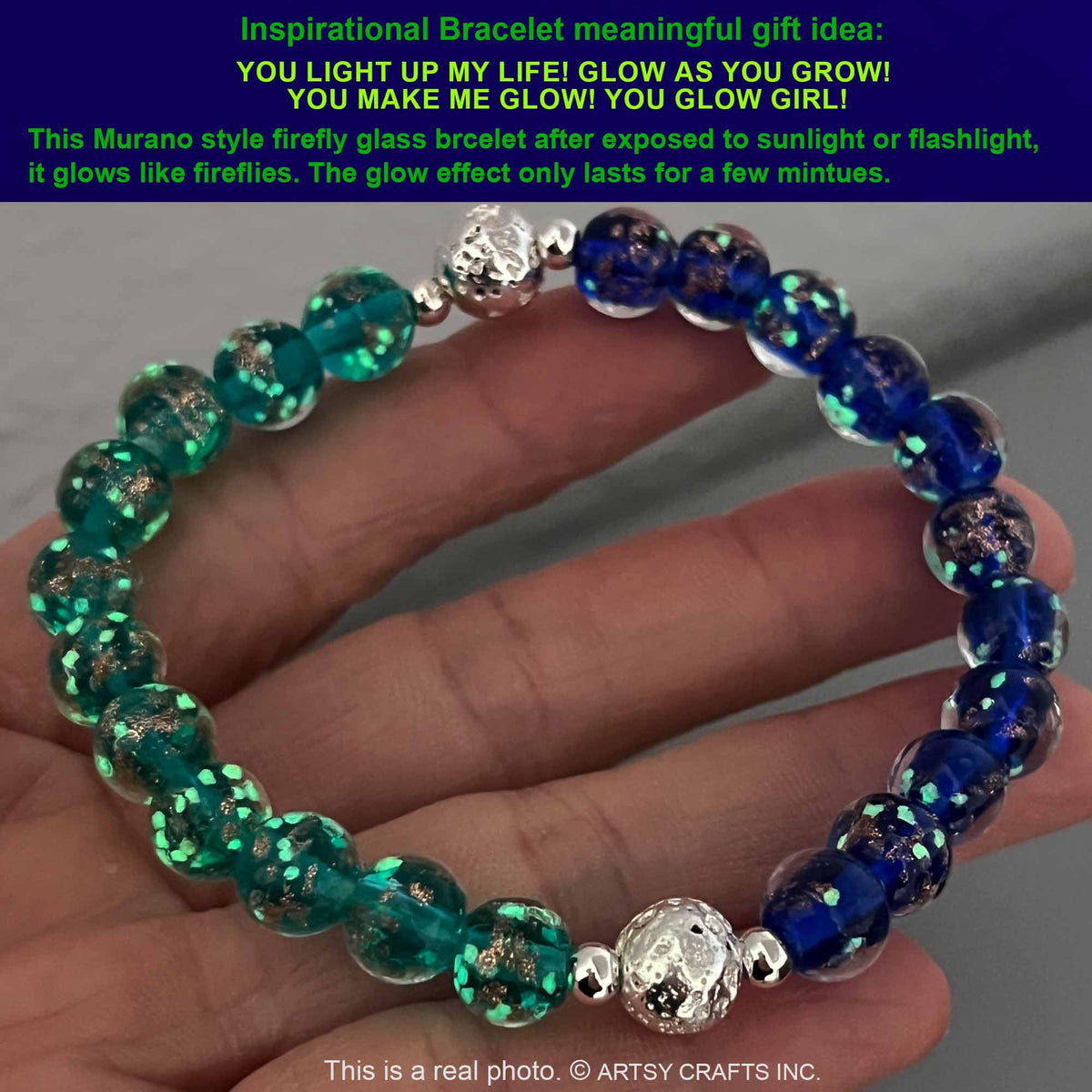 ARTSY Crafts Glow in The Dark Firefly Beads Bracelet, European Lampwork Luminous Beads Wristlet Anxiety Stress Relief Healing Crystal Chakra Bracelets for Women (Sapphire + Teal)