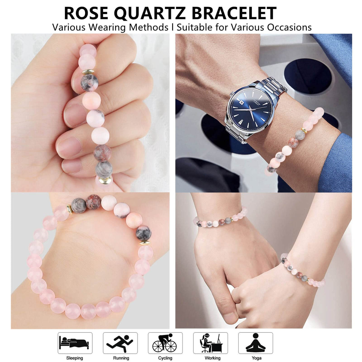 HOZEAL Rose Quartz Bracelet, Love Friendship Pink Crystal Stone Chakra Bracelet, Business Money Energy Wealth Good Luck Prosperity Feng Shui Beaded Bracelet for Men Women