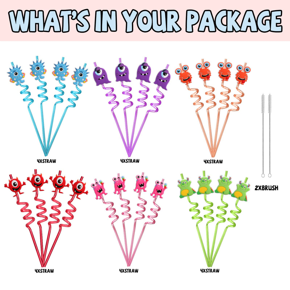 AFZMON 24 PCS Monster Drinking Straws Reusable Plastic Beverages Cocktail Straw with Cartoon Decoration for Kids Monster Party Supplies for Birthday Party Favors