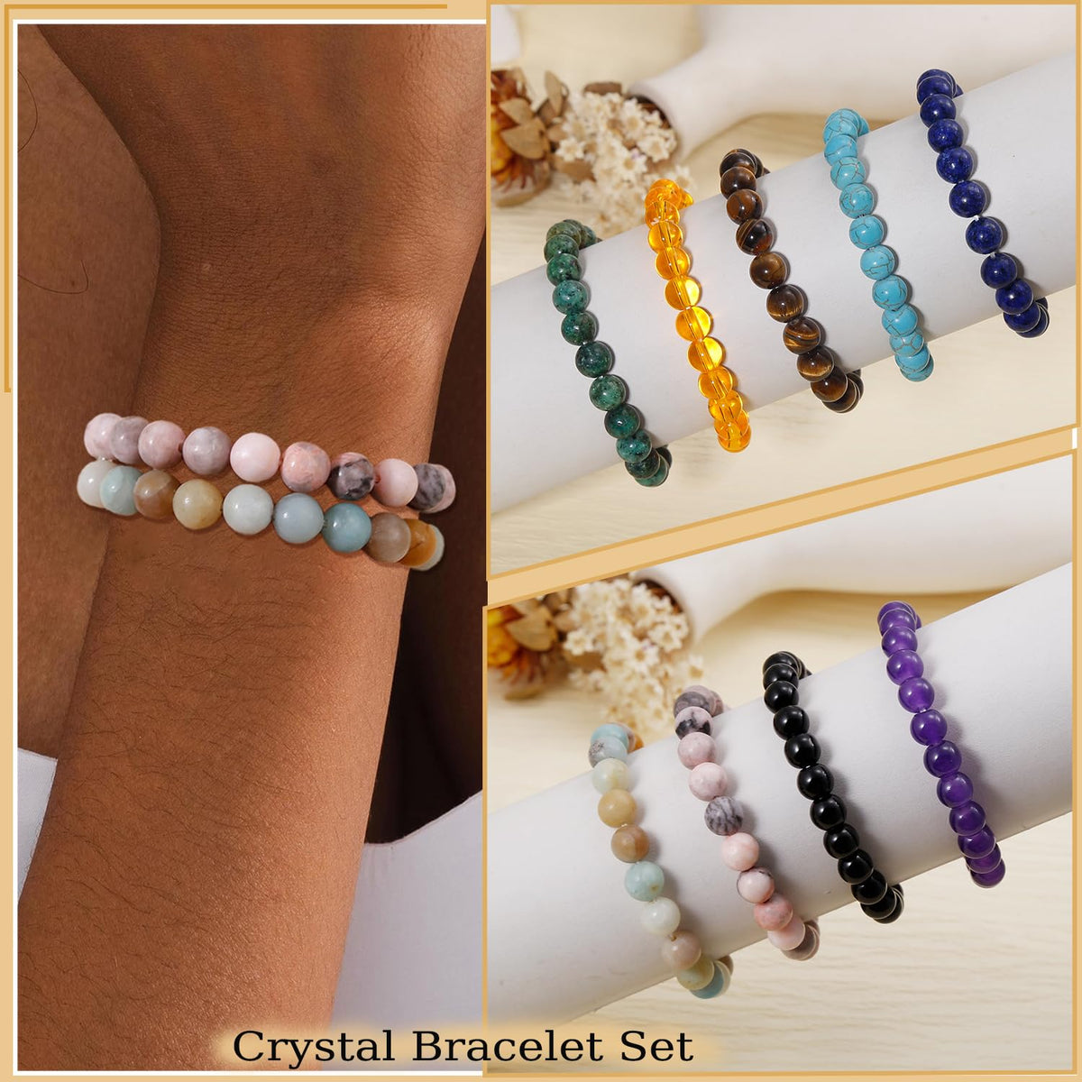 COLOYAN 9PCS Healing Crystal Bracelets for Women Men 8mm Natural Stone Beaded Stretch Bracelet Handmade Reiki Spiritual Jewelry
