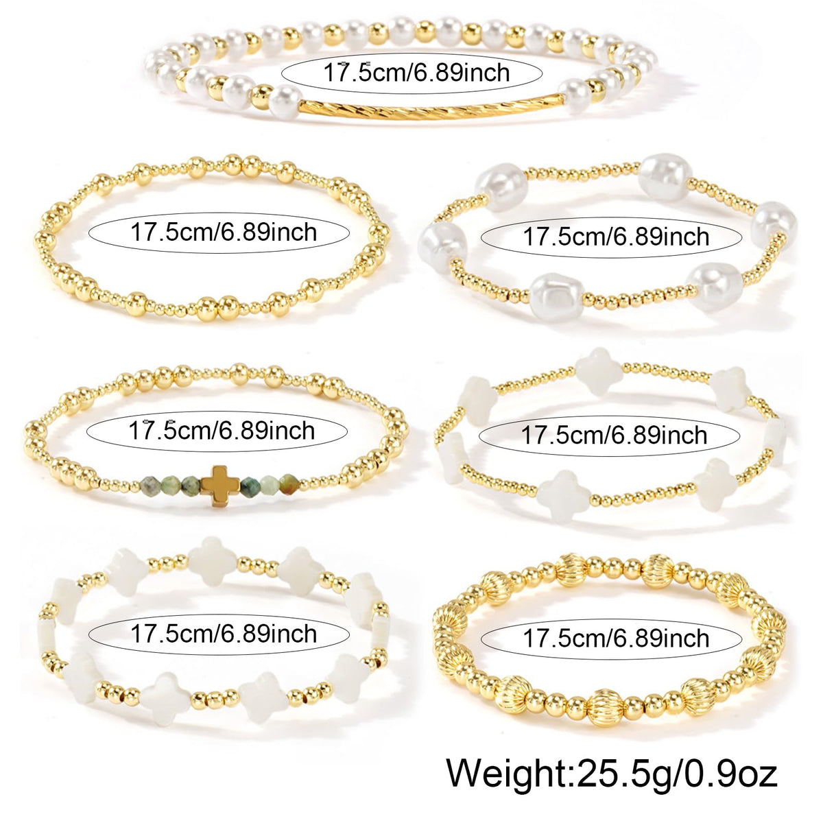 SHINUS BOHO 14K Gold White Beaded Clover Pearl Fall Bracelet Stack for Women,7PCS Bohemian Cross Beads Stretch Stackable Bracelets Set Fashion Holiday Birthday Prom Jewelry Accessories Gift Friendship Sister