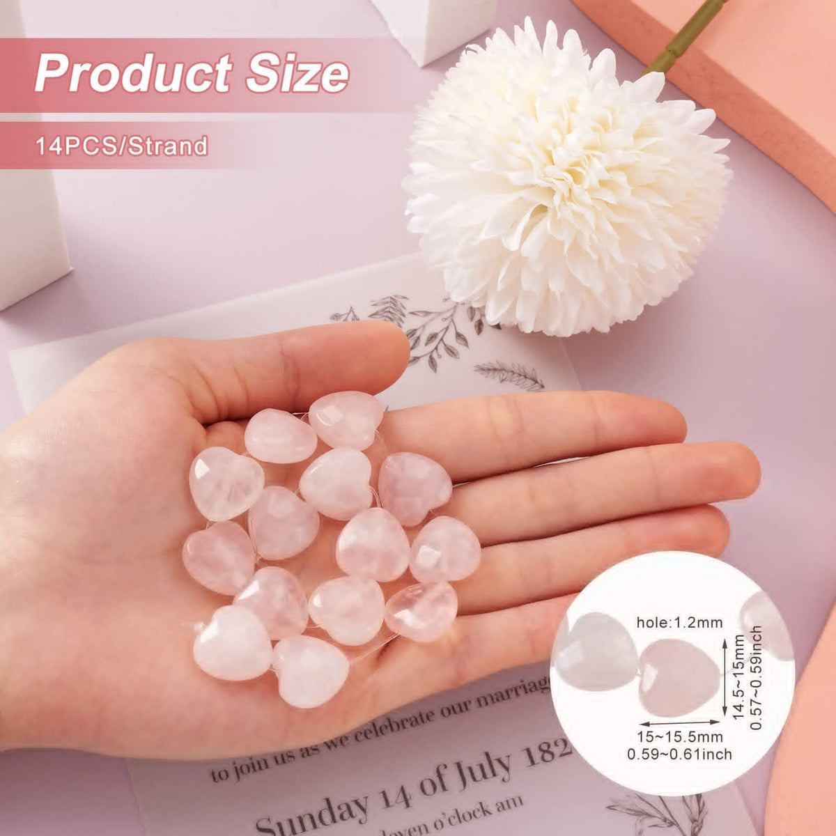 Fashewelry 14pcs Heart Natural Rose Quartz Stone Beads 15mm Faceted Tumbled Chakra Gemstone Pink Crystal Healing Beads for Valentines Day Earring Bracelet Necklace Jewelry Making