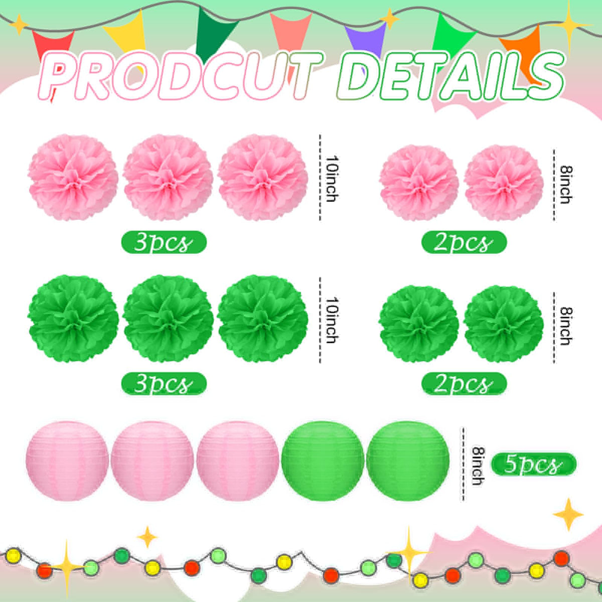 RoundFunny 15 Pcs Witch Theme Party Decorations Green and Pink Party Decorations Birthday Tissue Paper Pom Pom Lanterns Supplies for Girls Women Princess Birthday Decor
