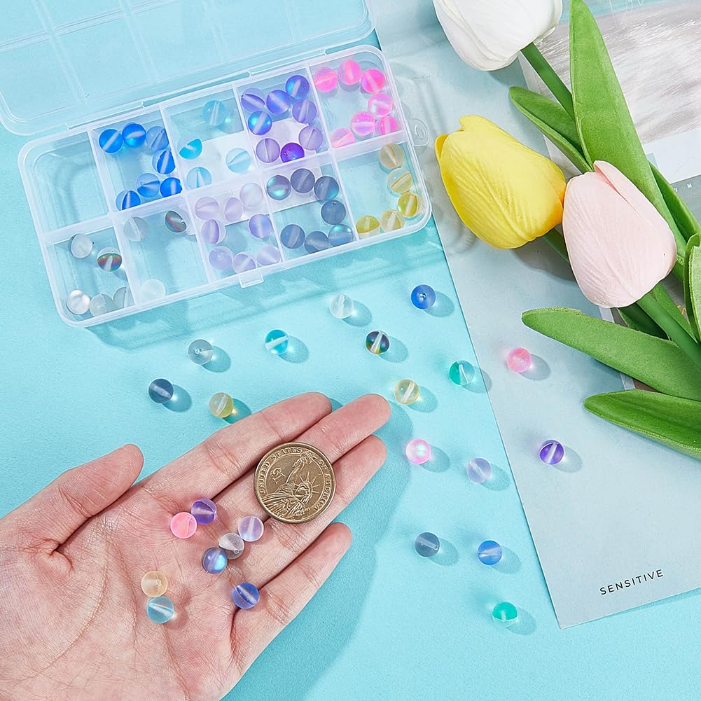 SOFPLATE 1 Box 100Pcs 8mm Moonstone Glass Bead Bulk Matte Crystal Beads Frosted Colorful Mermaid Round Glitter Shiny Aurora Loose Spacer for Bracelets Jewelry Making DIY Crafts Supplies