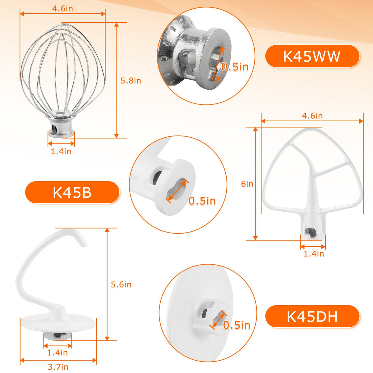 3 Pack Mixer Attachments for Kitchen Aid 4.5-5 Quart Tilt-Head Stand Mixers, Heavy-Duty Metal,Includes K45DH Dough Hook, K45B Flat Beater,K45WW Wire Whip, Dishwasher Safe Replacement Kit by TOMOON