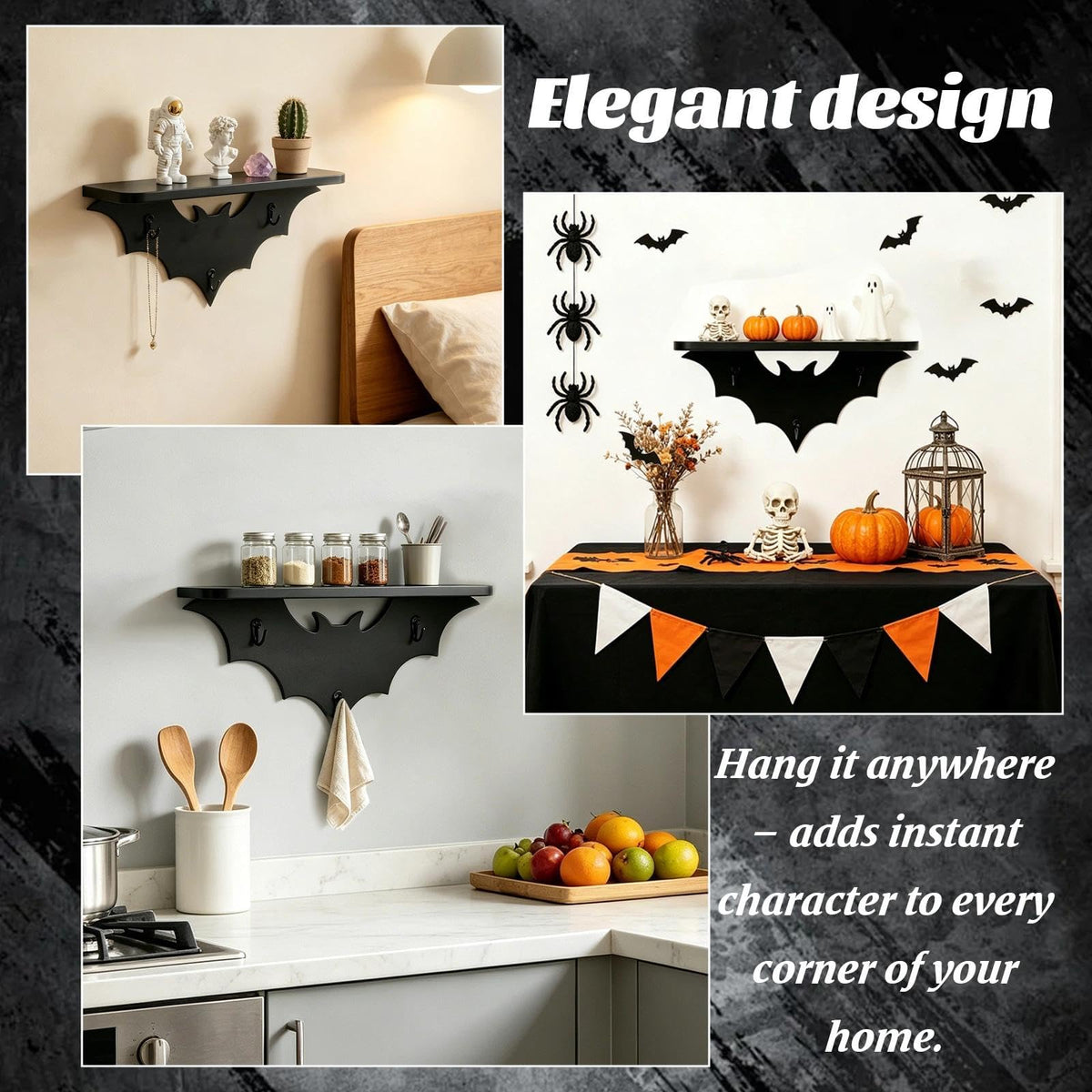 Zoonlinpp Bat Shelf Floating Shelves for Wall Halloween Gothic Room Decor for Bedroom Kitchen Livingroom Wall Shelf with 3 Key Hooks