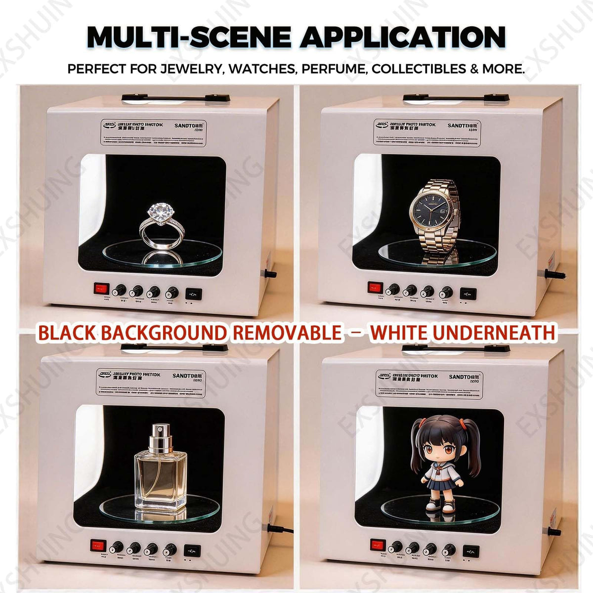 EXSHUING Jewelry Hanging Photography Kit, Product Photography Box – 360° Rotating & Hanging Support, 4 Led Fill Lights, Dimmable Brightness, 3000-5500k, 1kg/2.2lbs Turntable, Rings, Necklaces(TB30)