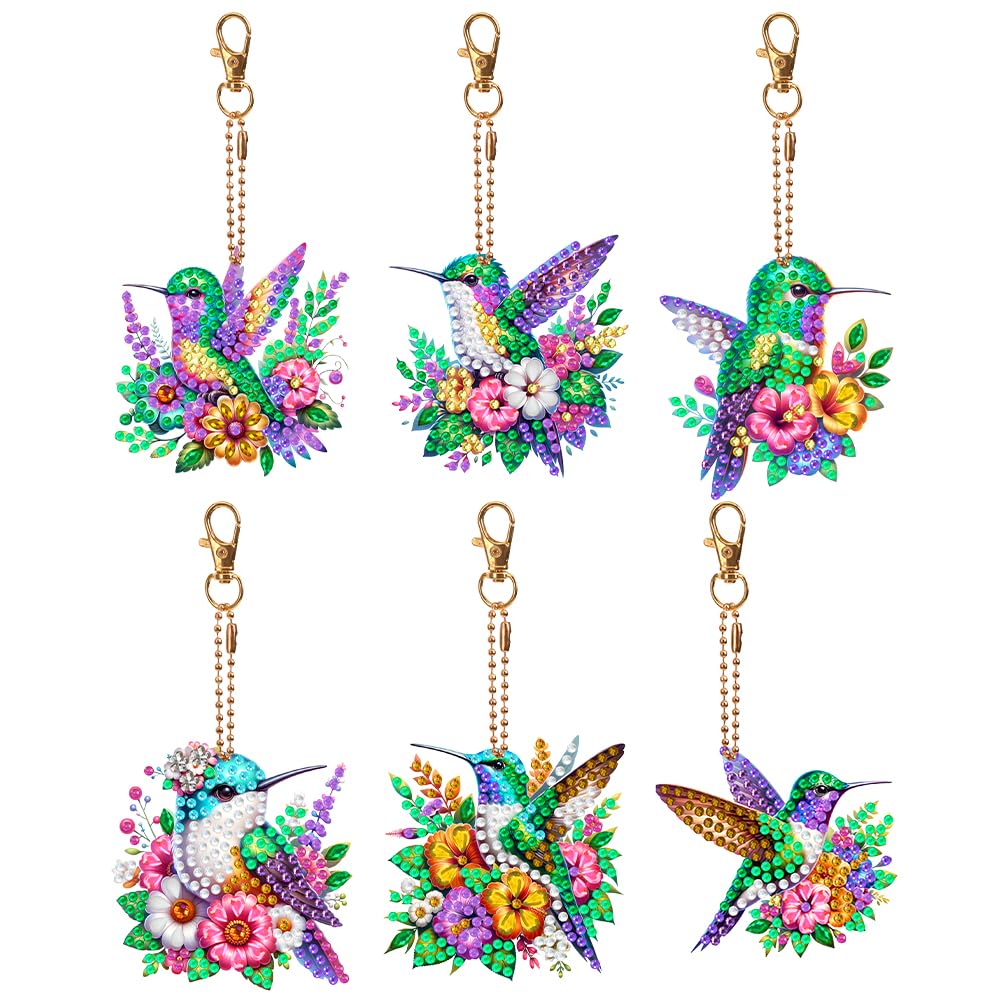 C'eitura 6Pcs Hummingbird Diamond Art Keychain Kits, DIY 5D Diamond Painting Ornaments for Kids & Adults, Handmade Creative Gift for Friends, Family