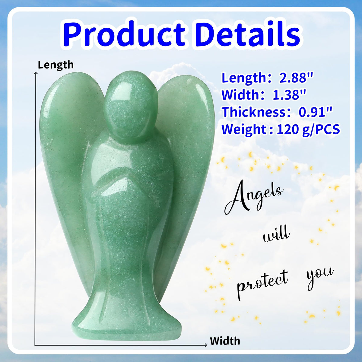 YATOJUZI 3" Green Aventurine Angel Decor Big Hand-Carved Angels Guardian Sculpture Statue Figurines Natural Crystal Stones and Healing Crystals Home Room Office Desk Decoration Wisdom Gifts for Women