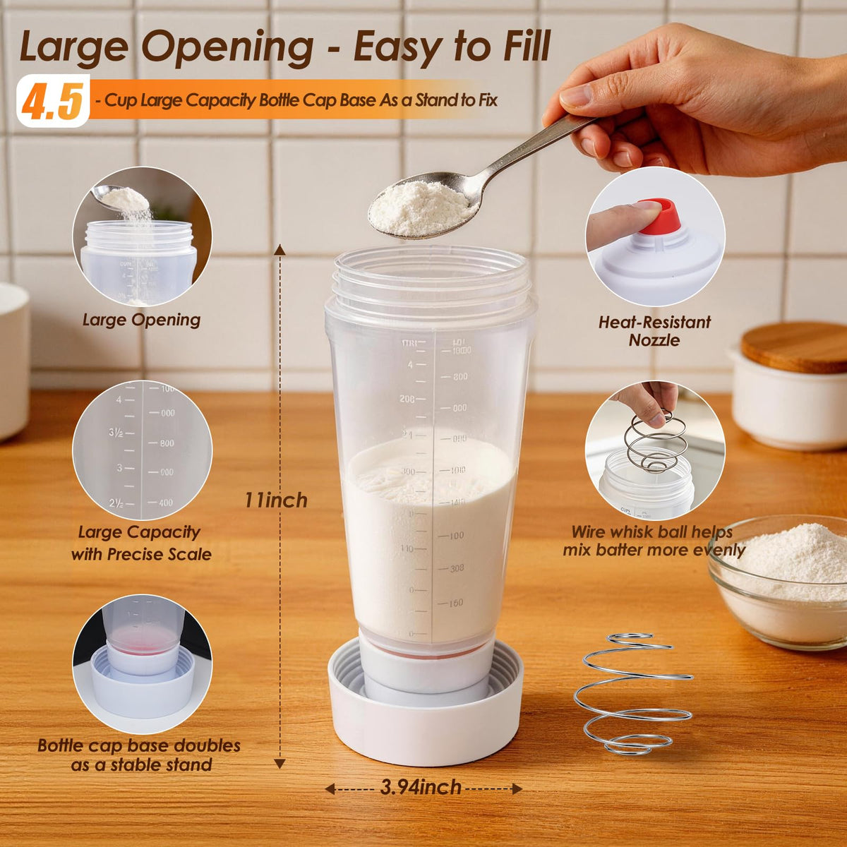 Pancake Batter Dispenser Bottle Kit with 7 Accessories, 1000ml Silicone Squeeze Pancake Mixer Bottle with Whisk Ball and Stand Base, Pancake Shaker Bottles for Cupcakes Muffins Waffle Crepes(2pack)