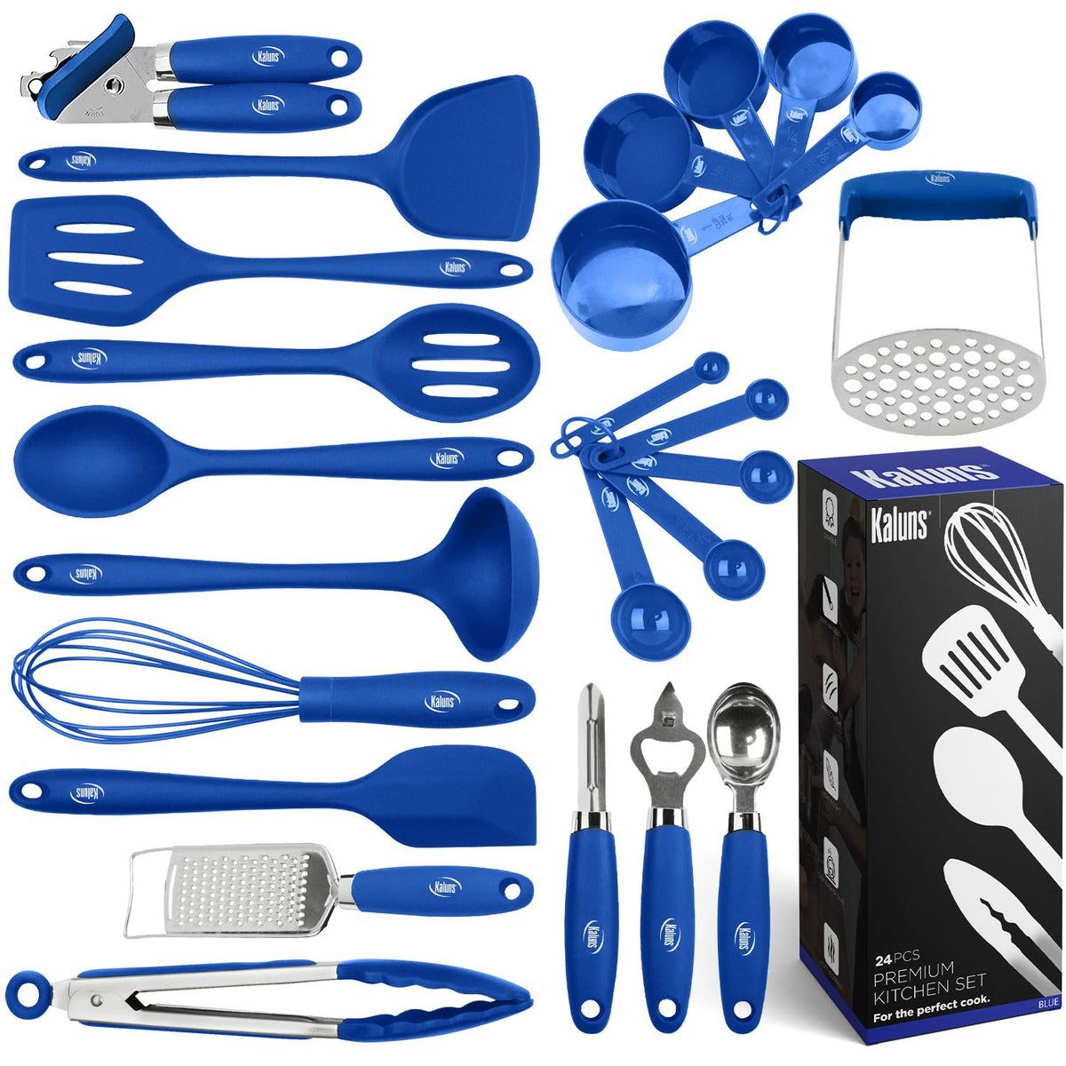Kaluns Silicone Kitchen Utensils Set 24 Pcs Cooking Utensils Set - Can Opener, Masher, Turner, Spatula 446°F Heat Resistant Non-Stick - Premium Silicone and Stainless Steel Utensil Set