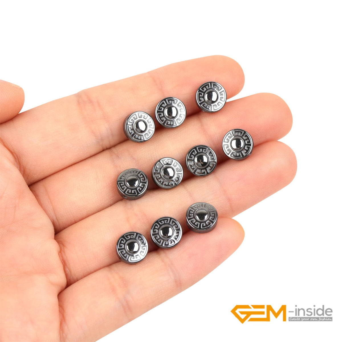 GEM-Inside 46pcs 8mm Natural Black Hematite Double Side Carved Maya Sun Sign Coin Beads for Bracelet Necklace Jewelry Making Power Energy Chakra Beads