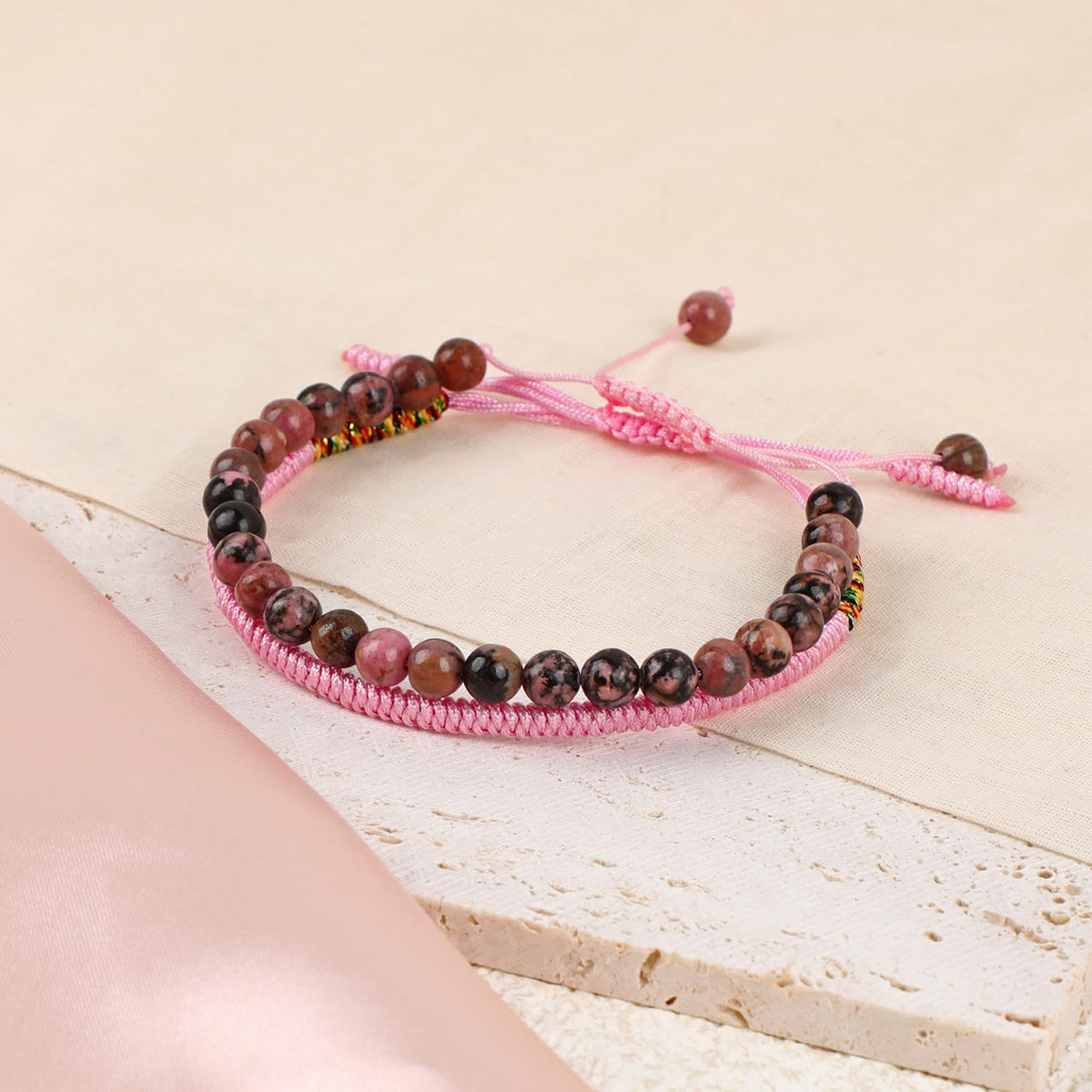 LPBeads 6mm Pink Black Rhodonite Bracelet with Handmade Rope Bracelet Size Adjustable Natural Stone Crystal Healing Bracelets Gifts for Unisex Adults