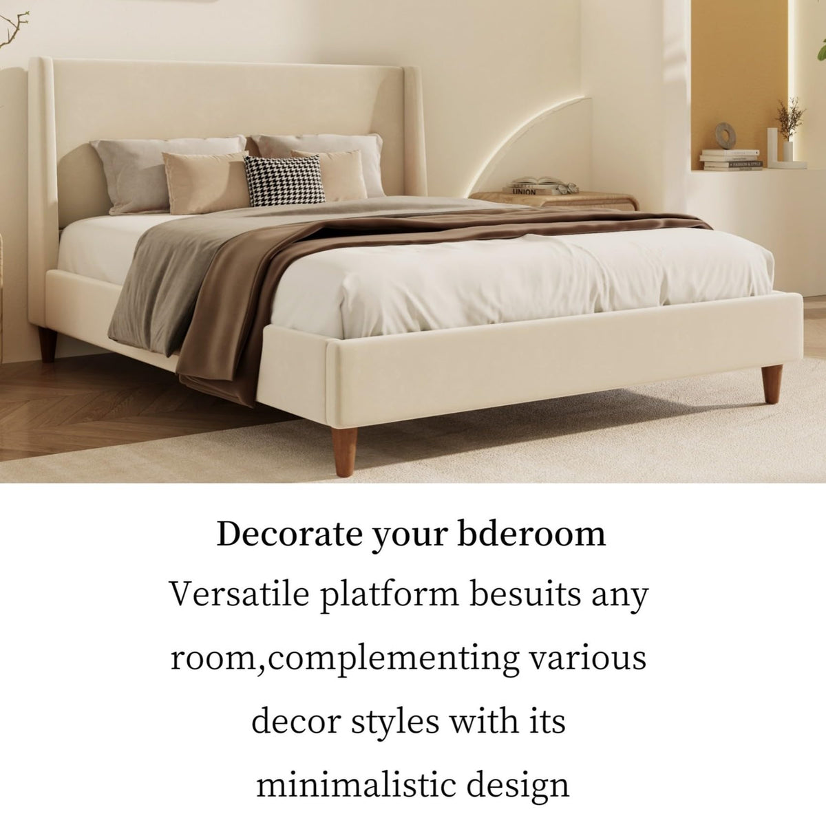 Merax Velvet Queen Size Bed Frame with Wingback Headboard, Solid Wood Upholstered Platform with Round Legs, No Box Spring Needed, Beige