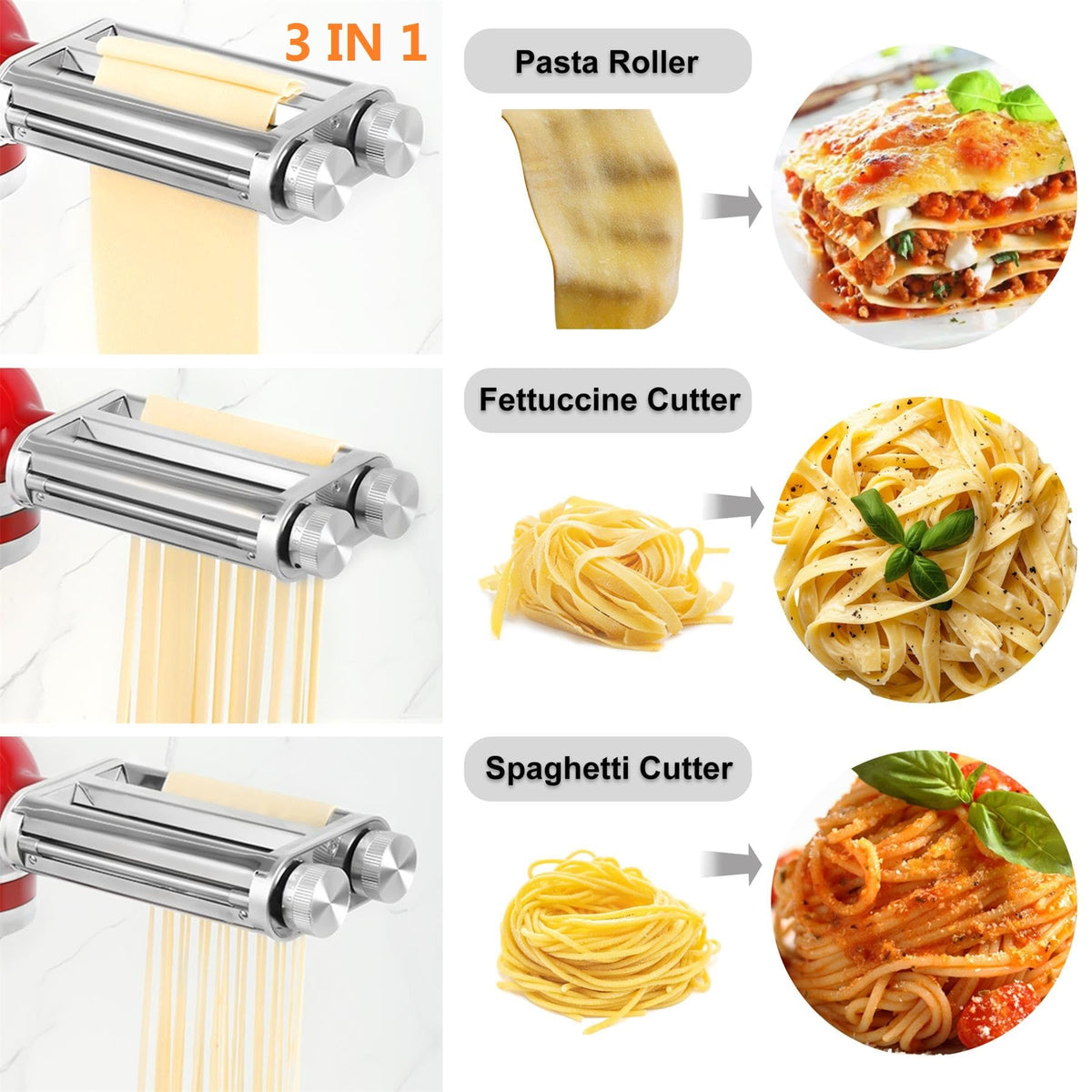 FavorKit 3 in 1 Pasta Maker Attachment Set for KitchenAid Mixers Plus Hub Knob Screw Accessory Included Dough Sheet Roller, Noodle Spaghetti & Fettuccine Cutters-Unique Design