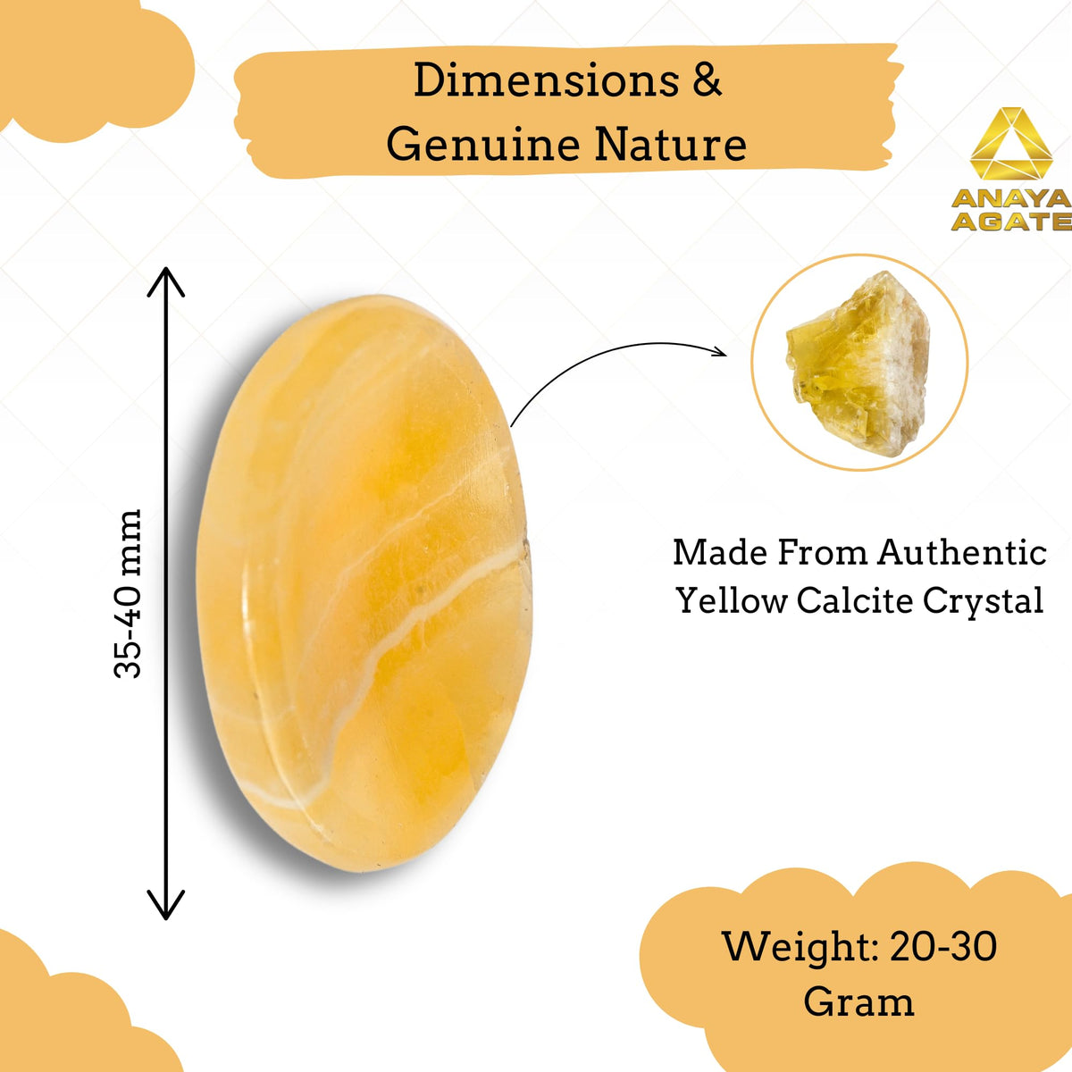 Anaya Agate Yellow Calcite Worry Stones Certified Crystal Thumb Worry Stone for Anguish, Relaxing and Soothing Balance Stones for Meditation, Stress Relief Crystals and Healing Stones for Men, Women