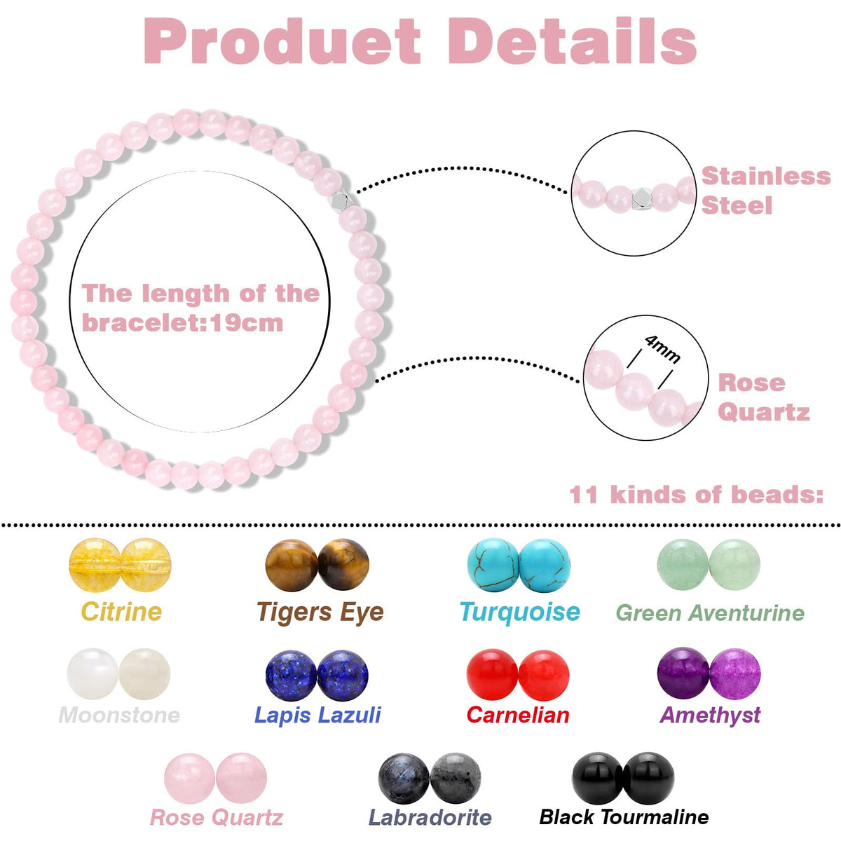Raicegs 4MM Rose Quartz Beaded Bracelets Healing Crystal Bracelet for Women Men Natural Stone Handmade Stretch Bracelet Reiki Spiritual Jewelry