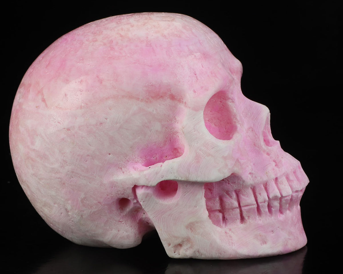 Skullis 5.0" Pink Aragonite Realistic Crystal Skull, Hand Carved Gemstone Fine Art Sculpture, Reiki Healing Stone Statue.3252.