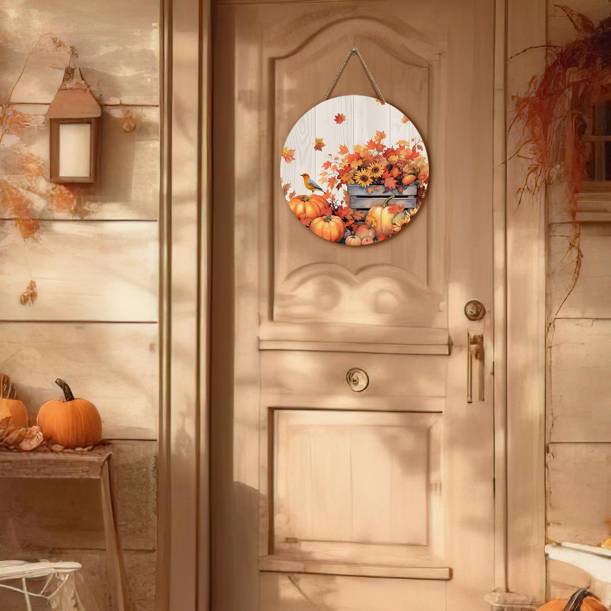Dacawin Fall Door Sign Wooden Autumn Pumpkins Door Hanger Maple Leaf Sunflowers Bird Sign for Outdoor Porch Wall Fall Harvest Hanging Decorations