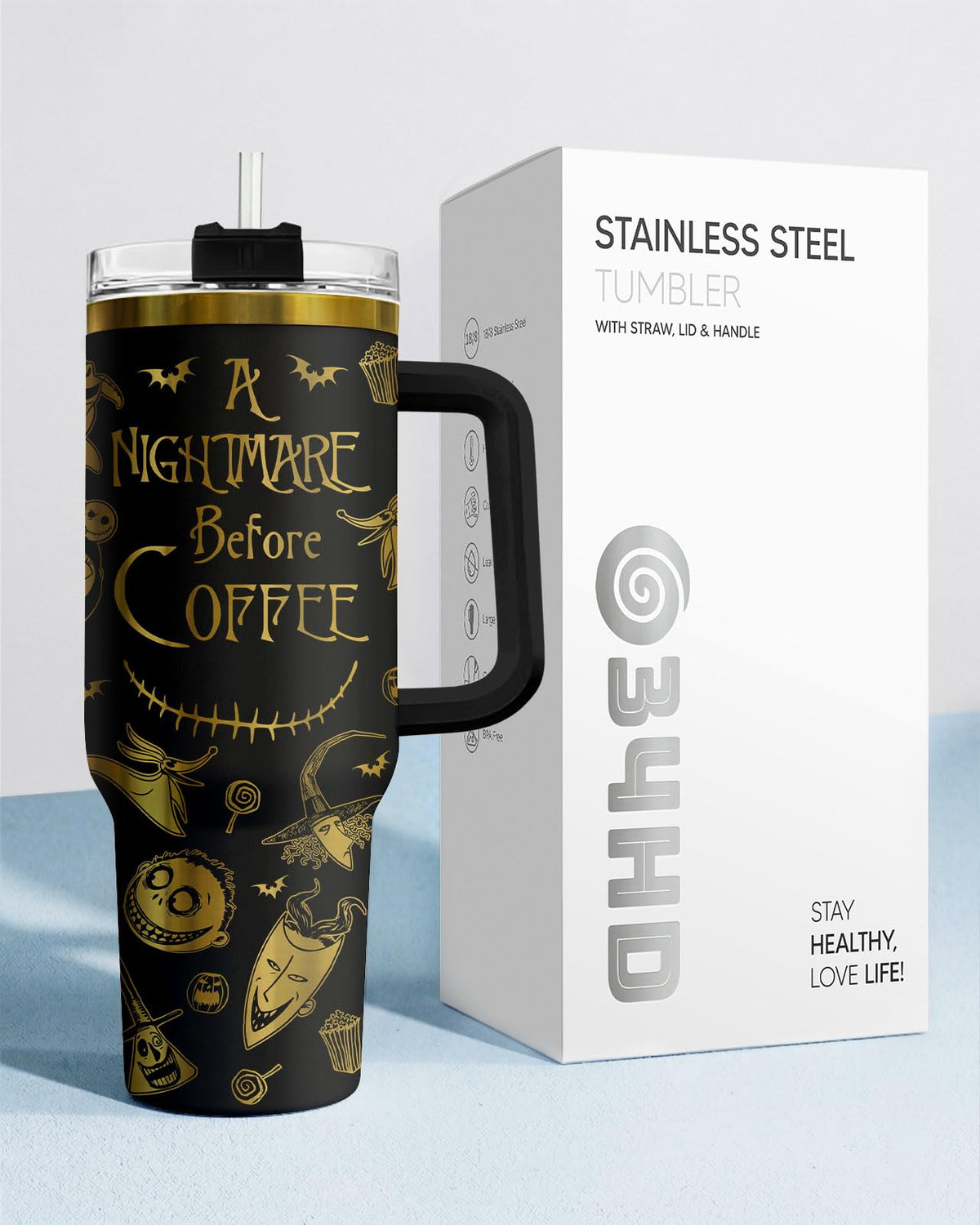 34HD Nightmare Before Coffee Tumbler 40oz with Handle and Straw, Laser Engraved Skeleton Insulated Travel Coffee Cup - Cartoon Character Gifts on Birthday for Cafe Lovers, Men & Women