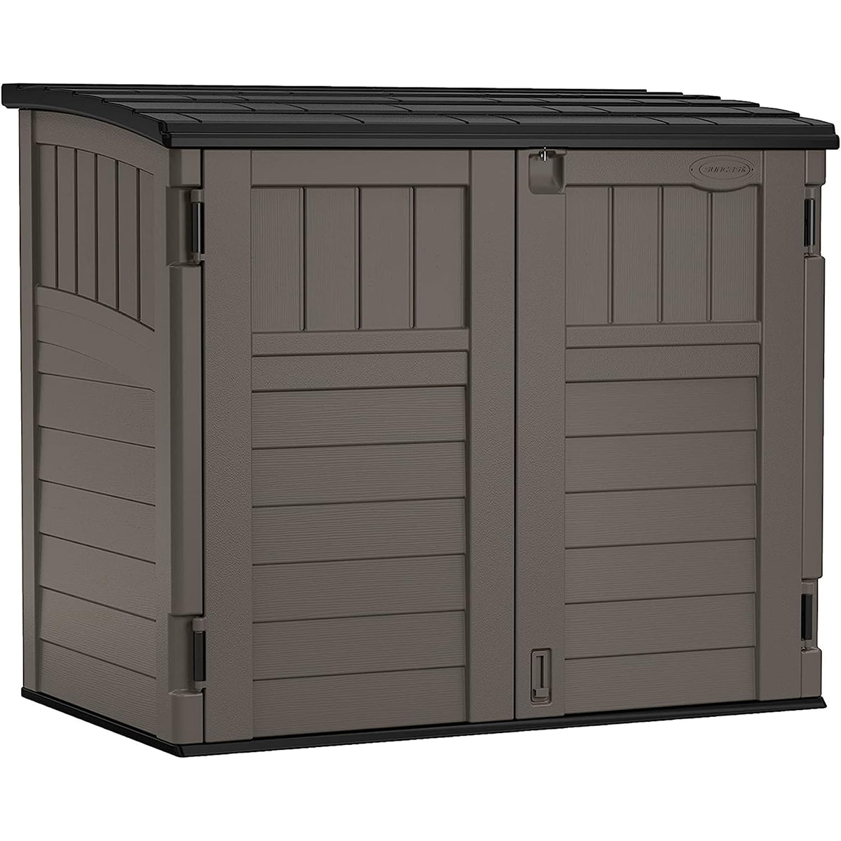 Suncast 34 Cu Ft Horizontal Resin Storage Shed - Outdoor Storage Shed with Floor Included, Lockable, Weatherproof, Fits Small to Medium Trash Cans, Generators, & Garden Tools, Stoney Black