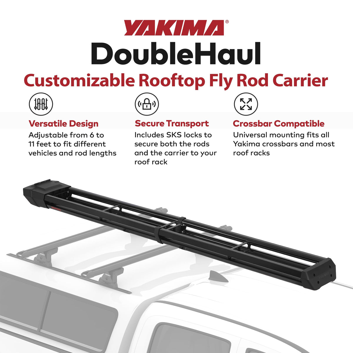 Yakima Rooftop Fly Rod Carrier, Adjustable Length Holder for up to 4 Fly Fishing Poles up to 10 Ft Long – Felt Padding, Reel Box & Tubes for Secure Gear Storage, DoubleHaul