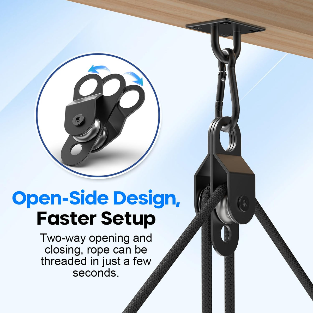 fshihine Black Pulley Block System Set Include 2 Double Pulley with Ball Bearing Inside, 16ft Nylon Rope, Eye Pad Plate and Spring Hooks, Pulley Wheel for Lifting, DIY Projects and Clothesline