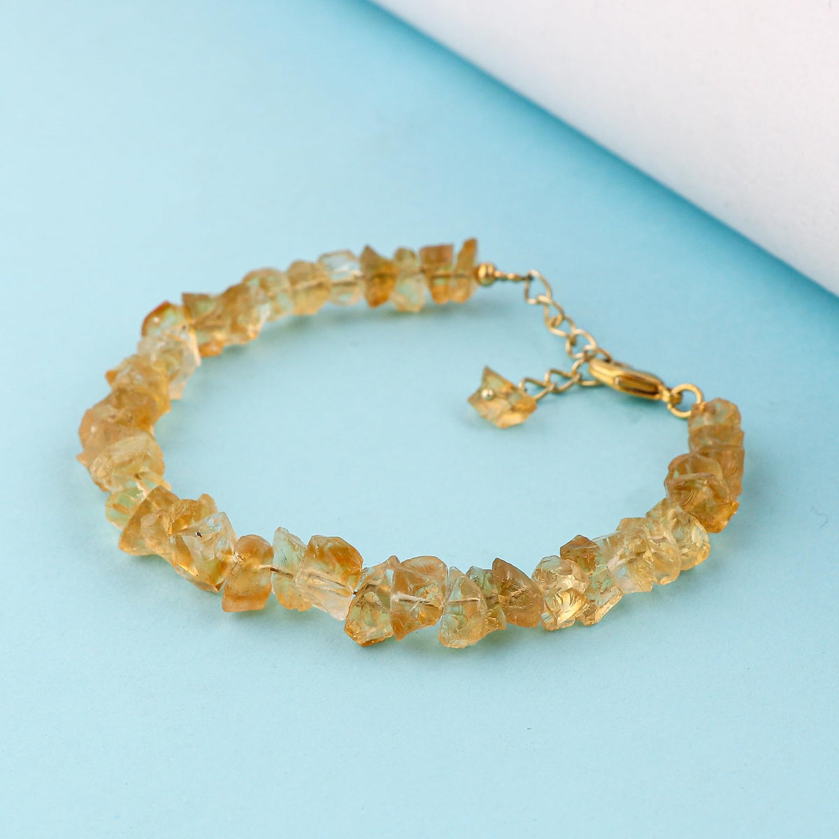 CRYSTALINES Natural Raw Yellow Citrine Gemstones Bracelet, Assorted Rough Stones, Healing Crystals, Handmade Hypoallergenic Jewelry for Women, November Birthstone, Gold Plated Chain 7+1inch