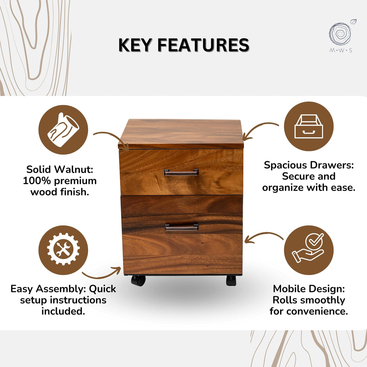 2 Drawer Walnut Wood File Cabinet – Under Desk Filing Cabinet with Rolling Wheels – 21"x16"x15" Spacious Dual Compartments for Home Office Storage