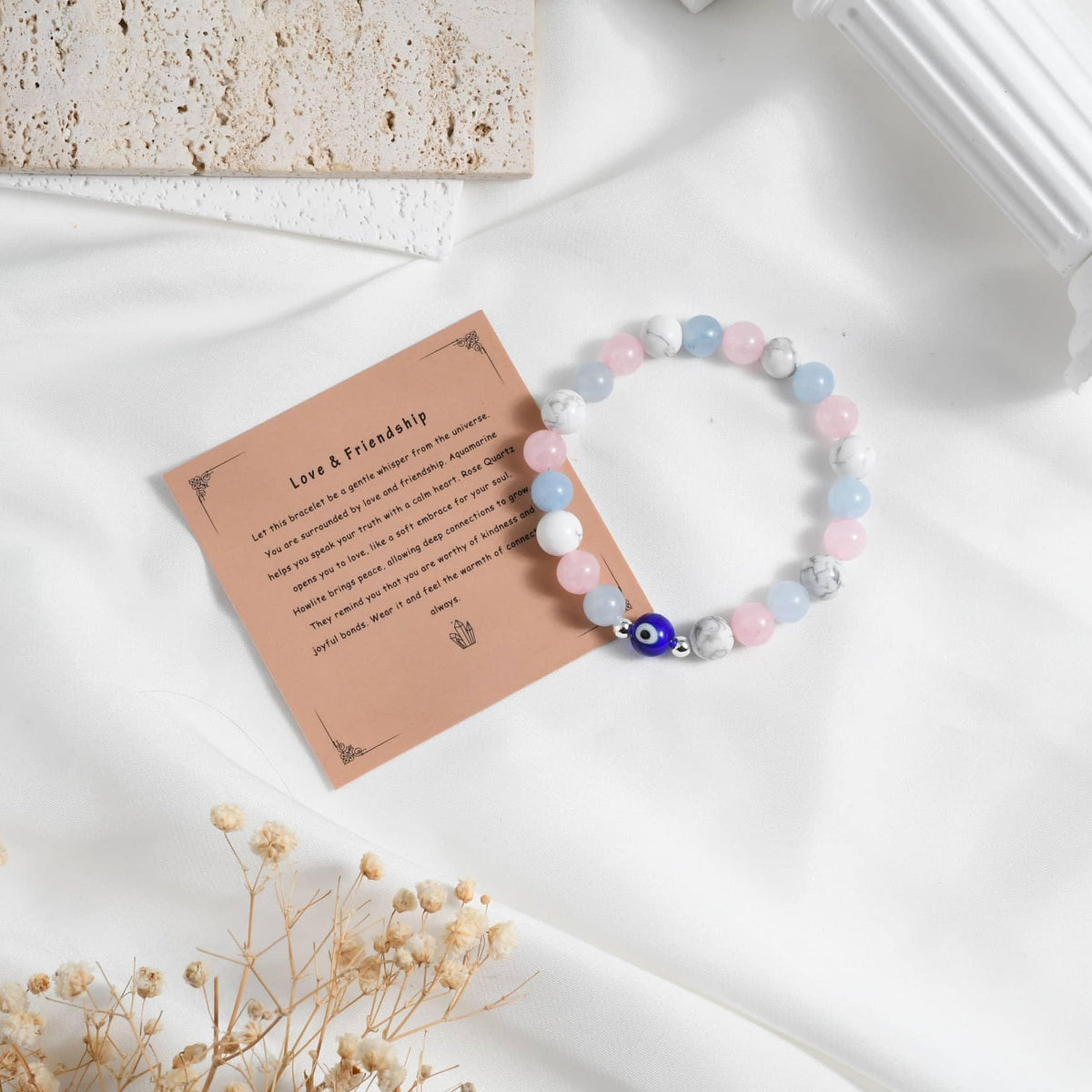 DLYFNVEV Love Friendship Harmony Peace Bracelet Rose Quartz Blue Aquamarine Howlite Eye Evil Protection Healing Crystal Beaded Anxiety Relief Triple Natural Stone Jewelry Gifts For Women