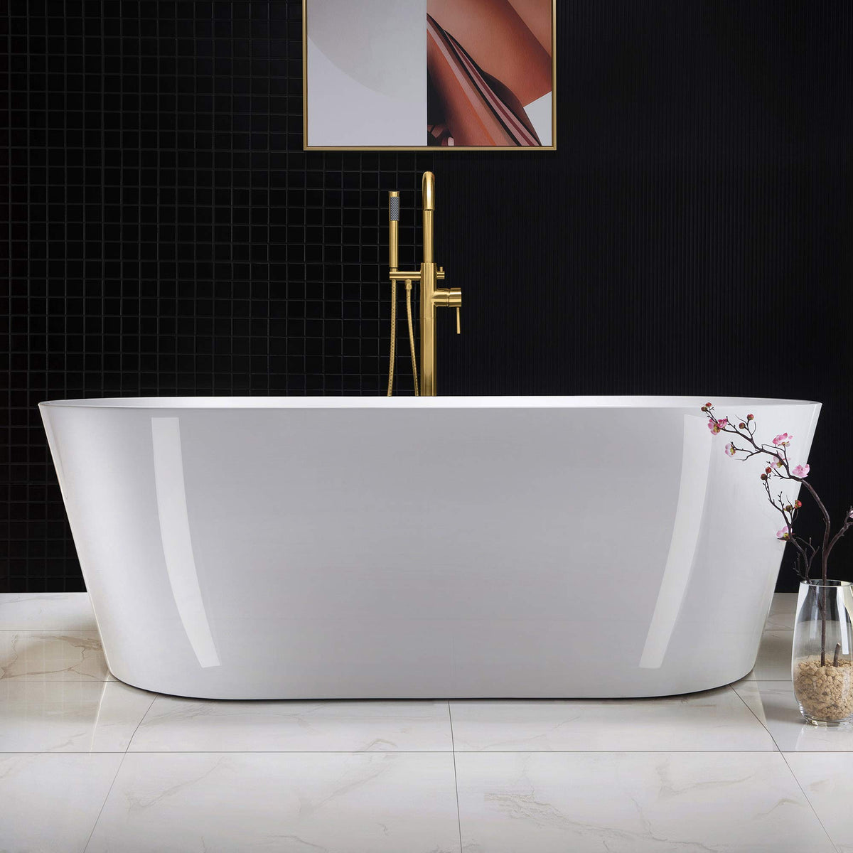WOODBRIDGE 67" Acrylic Freestanding Bathtub Contemporary Soaking White Tub with Brushed Gold Overflow and Drain，B0013 -BG-Drain &O