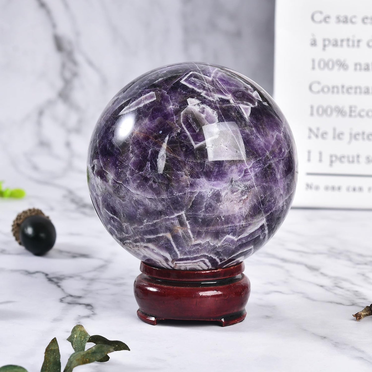 JIC Gem 2.7-3.1 inch(70-80mm) Large Chevron Amethyst Crystal Ball Healing Crystals Sphere with Wooden Stand Meditation Home Decor