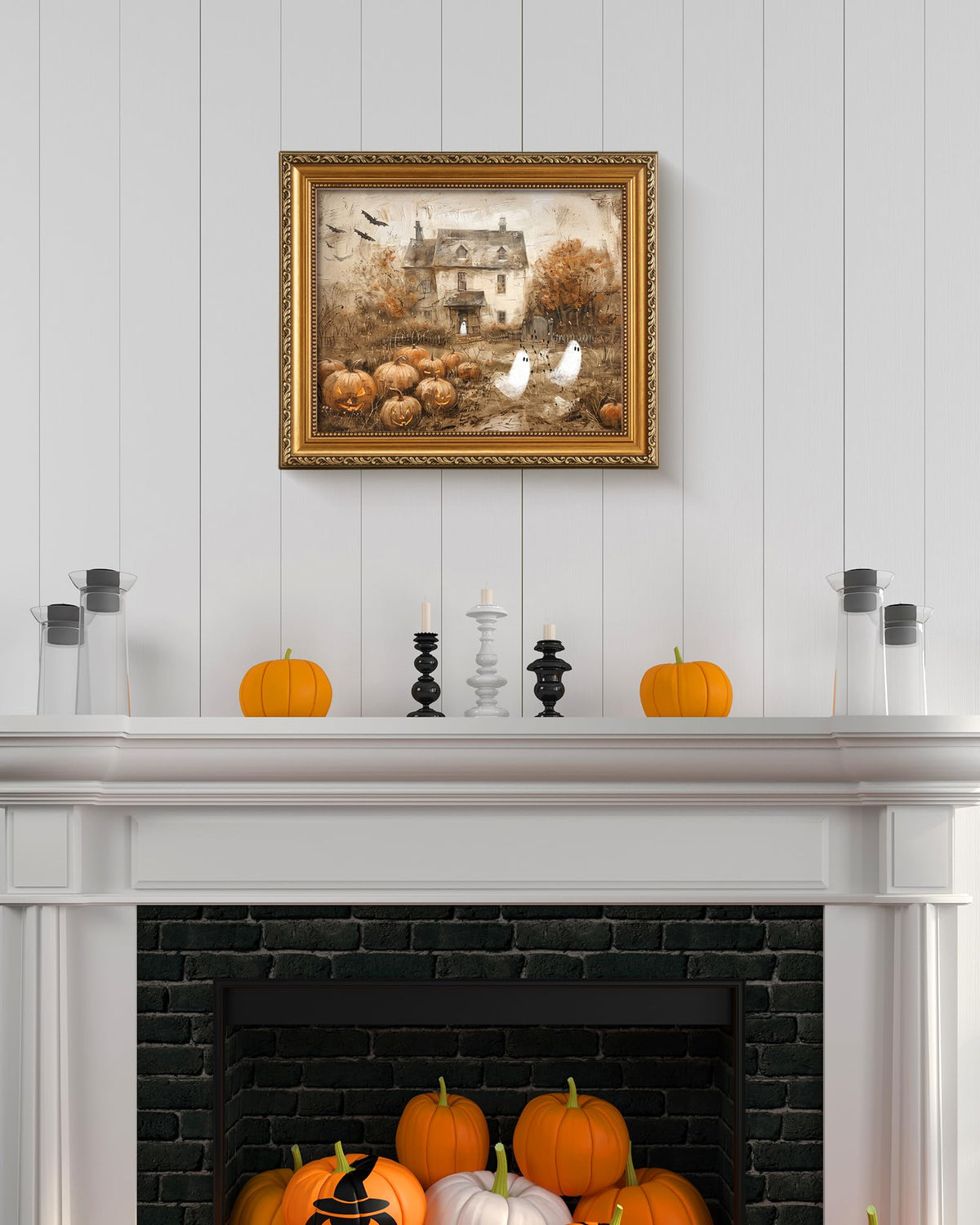 Vodefoad Retro Detachable Gold Framed Wall Art for Home Decor Halloween Pumpkins with Cute Ghost Farmhouse Gold Framed Wall Decor Prints Halloween Gothic Dark Academia Painting Picture for Kitchen, Gallery, Bathroom Wall decor - 8x10Inch