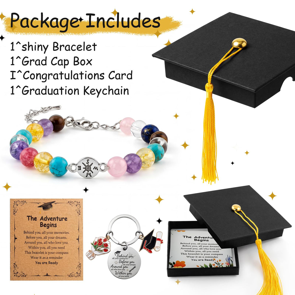 2026 Graduation Bracelet Gift Set for Her Him, 7 Chakra Bracelet & Matte Natural Stone Beaded Bracelet with Compass, Graduation Keychain, Inspirational Card & Gift Box for Middle High School Colle (Vibrant Chakra)