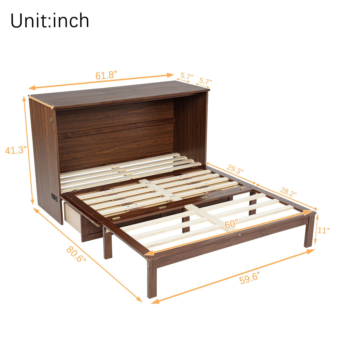 KEIKI Queen Size Murphy Bed Cabinet with Power Station & Large Drawer, Pine Wood Folding Chest Bed with Rattan Panel, Space-Saving Wall Bed, Walnut