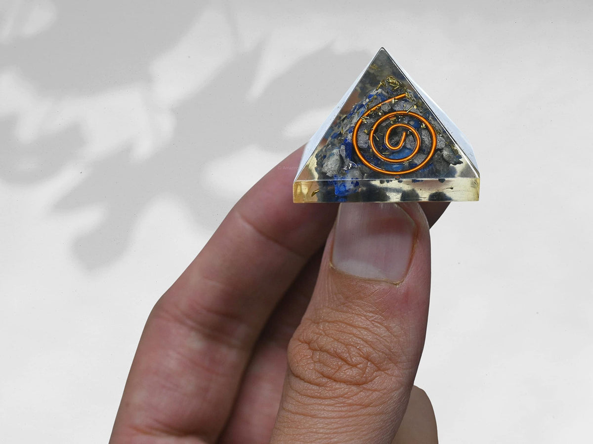 Amazing Gemstone Lapis Lazuli Orgone Pyramid - 30mm Small Orgonite Pyramids with Crystals and Healing Stones - Authentic Organite Gifts