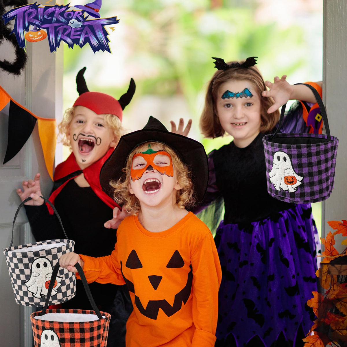 Halloween Bucket, Trick or Treat Basket for Kids Girl Boy Halloween Candy Bucket Gift Basket Canvas Pumpkin Buckets Spooky Boo Baskets Candy Bags Pumpkin Baskets for Party Favor Decorations, Black