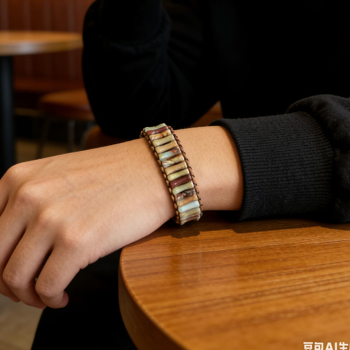 Plumiss Handmade Natural Agalmatolite Stone Bracelet for Men Women - Boho Leather Wristband with Adjustable Drawstring Closure, Unique Earthy Tones Healing Crystal Jewelry for Casual Wear & Gifting
