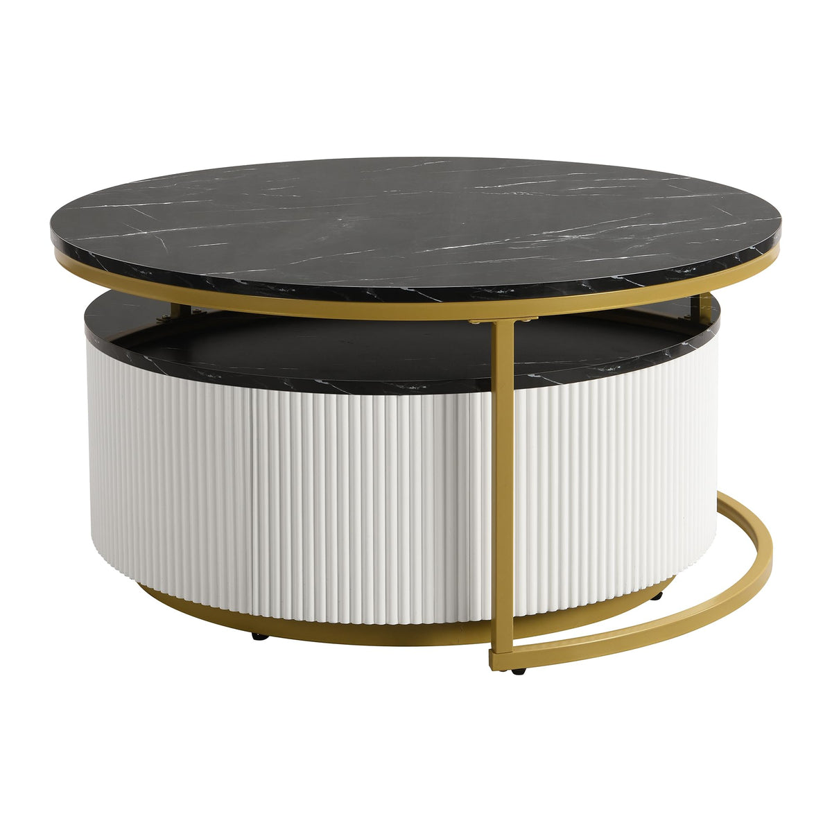 Merax 27.6" Modern Round Nesting Coffee Table Fluted with Drawer for Home Living Room, Black & Gold