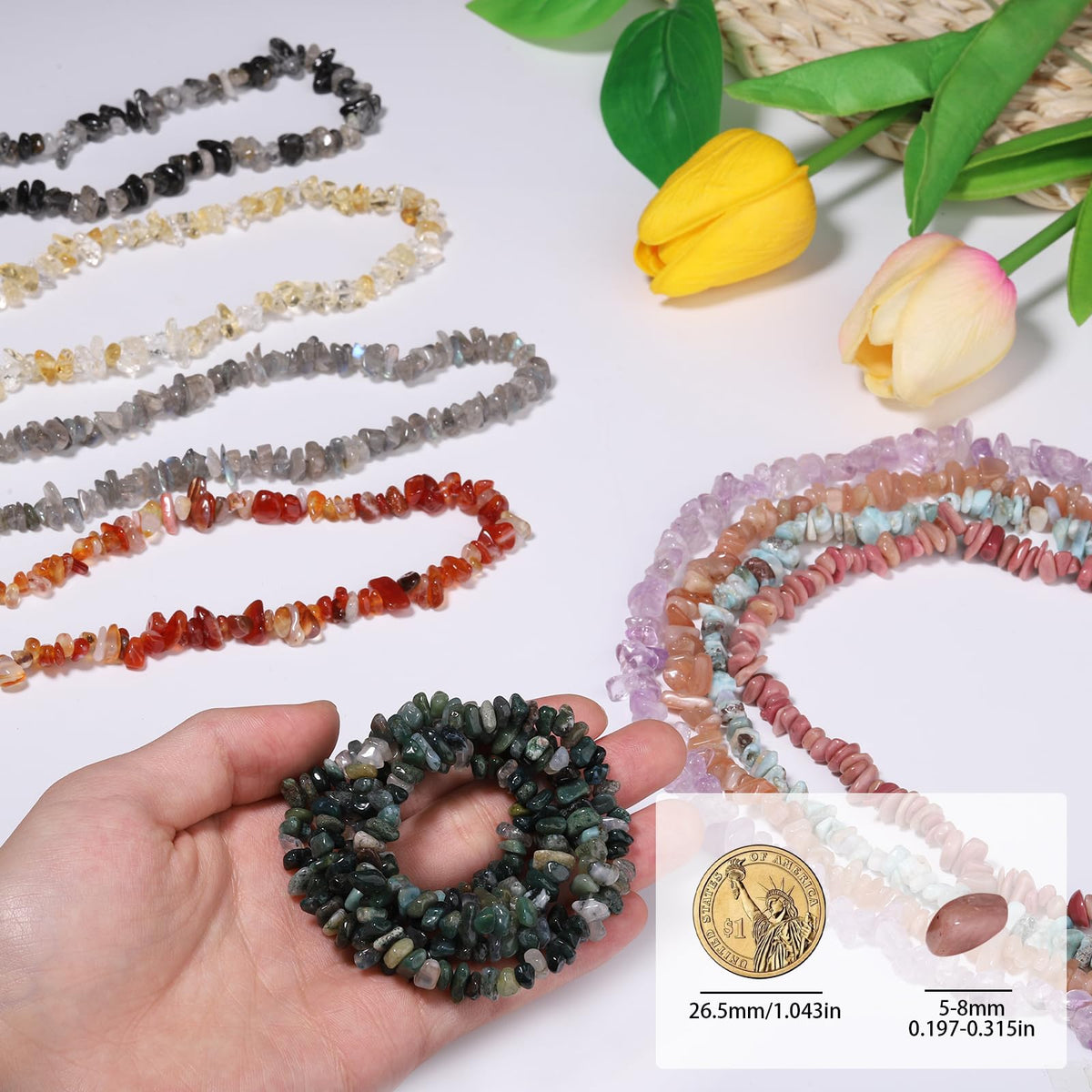 30in Moss Agate Natural Chip Stone Beads 5-8mm About 230pcs, Irregular Drilled Green Bead for Bracelets Jewelry Making Supplies for Adults, DIY Crafts.