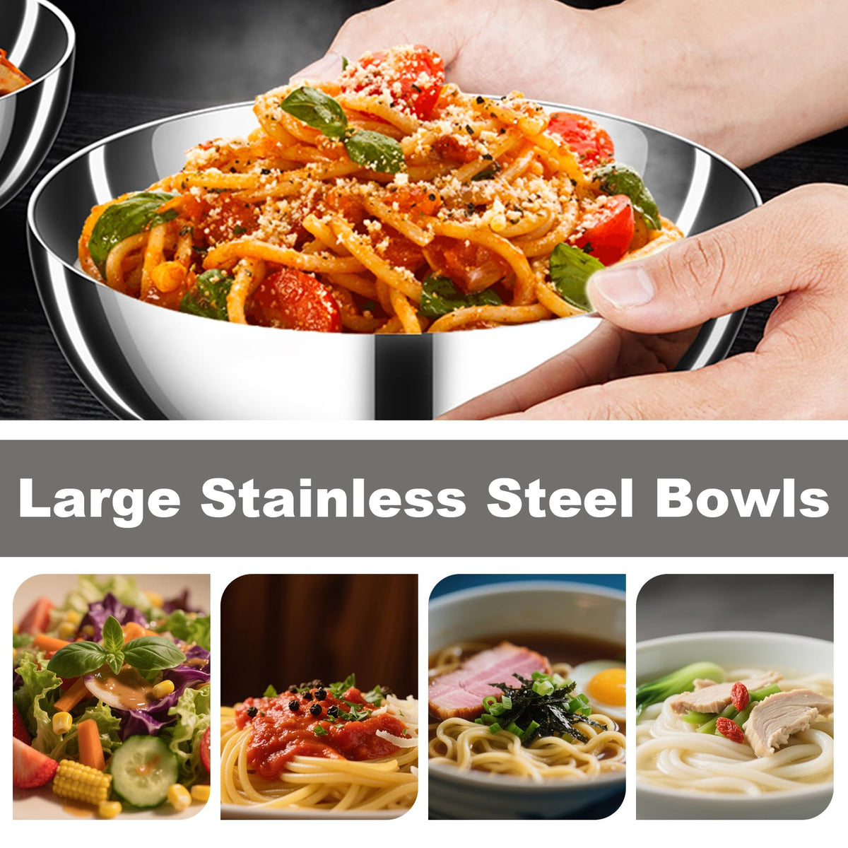 LANGMINGDE 6-Piece 304 Stainless Steel Pasta Bowl Set, 47 Fl Oz (8.7 Inches), Double-Layer Insulated And Heat-Resistant, Salad Bowl, Chilled Bowl, Ice Cream Bowl, Party Sauce Seasoning, Dining Bowl.