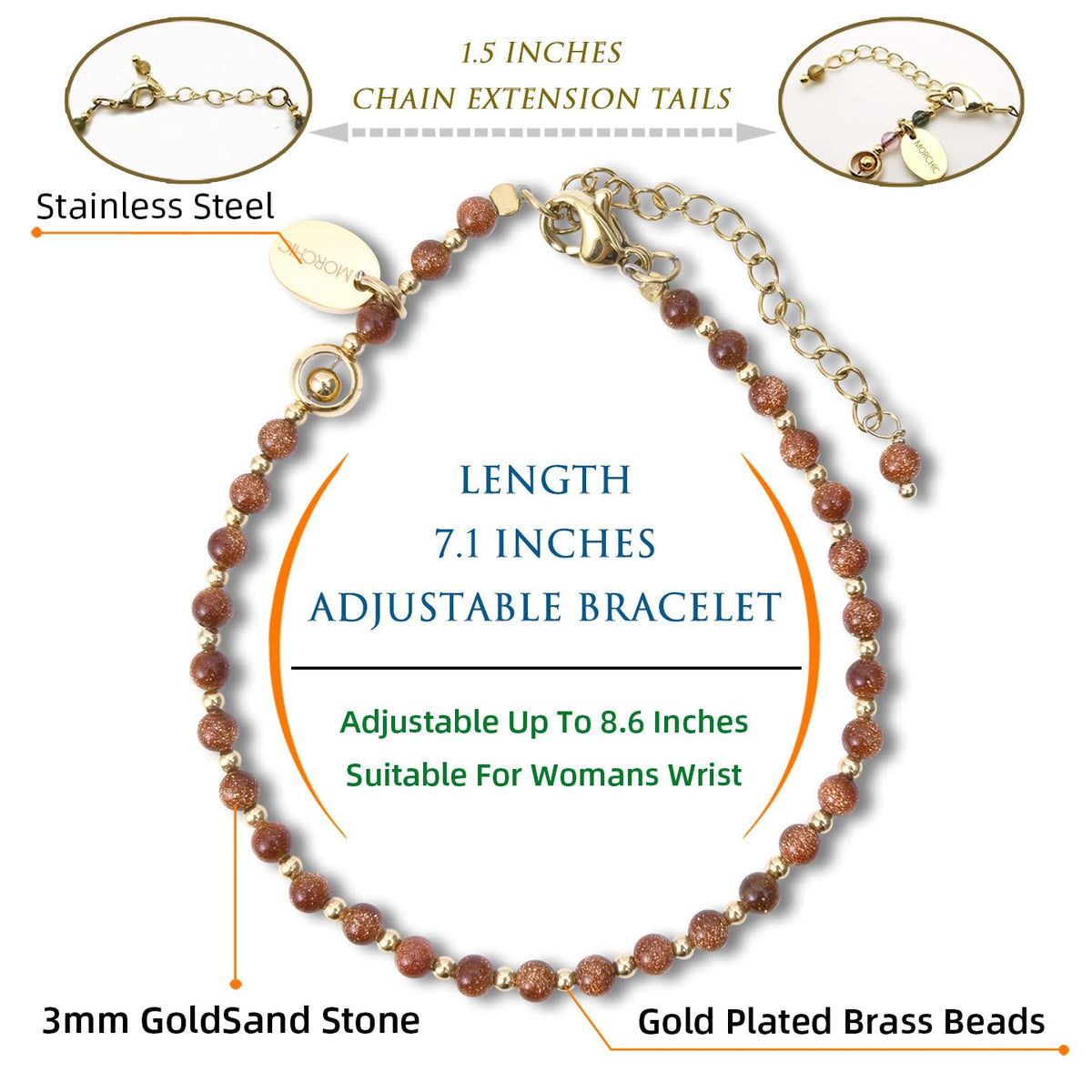 Morchic 3mm Goldstone Natural Gemstone Beaded Bracelet for Women, Dainty Tiny Charm Jewelry, Adjustable 7.1-8.6", Ideal Birthday Holiday Gift