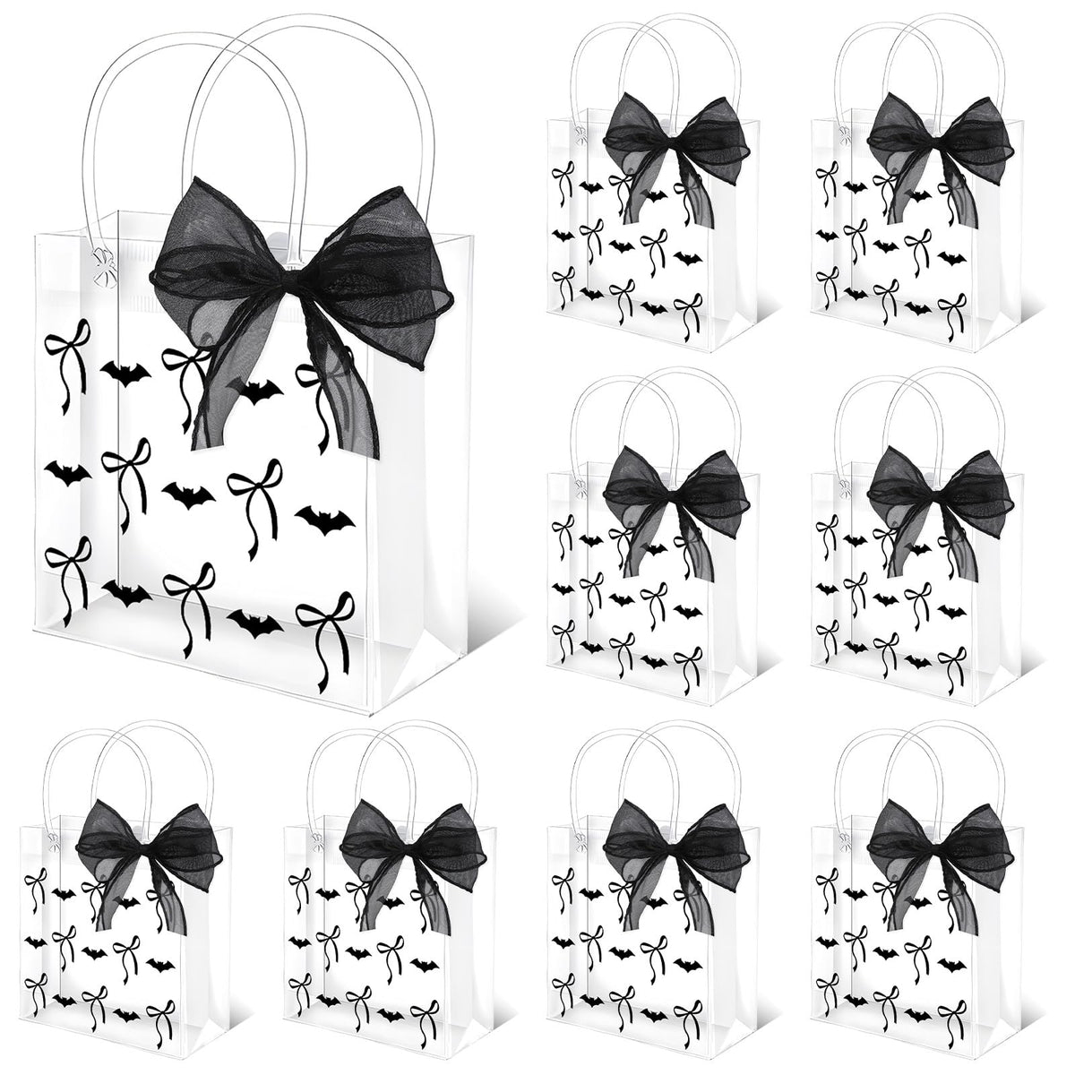 Whaline 12 Pcs Halloween Clear PVC Gift Bags with Handles Ribbon Black Bats Bow Coquette Party Favor Bags Trick or Treat Tote Candy Bag for Holiday Birthday Baby Shower Halloween Party Supplies