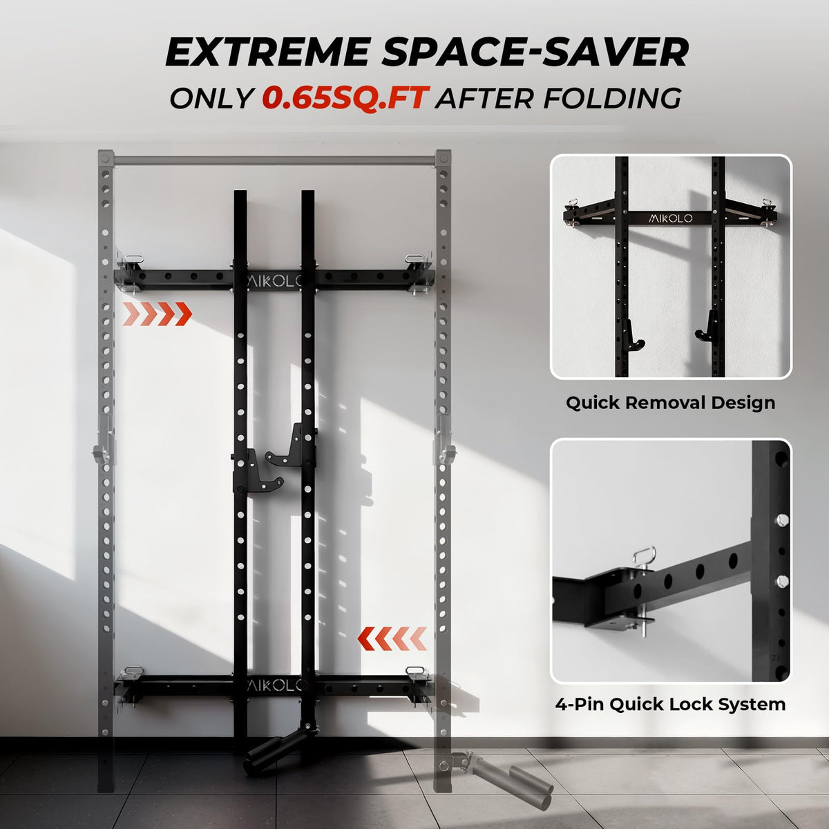 Mikolo 2" x 2" Folding Wall Mounted Squat Rack, 1000 Pounds Capacity Power Rack with Safety Catches, Pull Up Bar, J Hooks and Landmine Attachment, Space-Saving Home Gym(Black