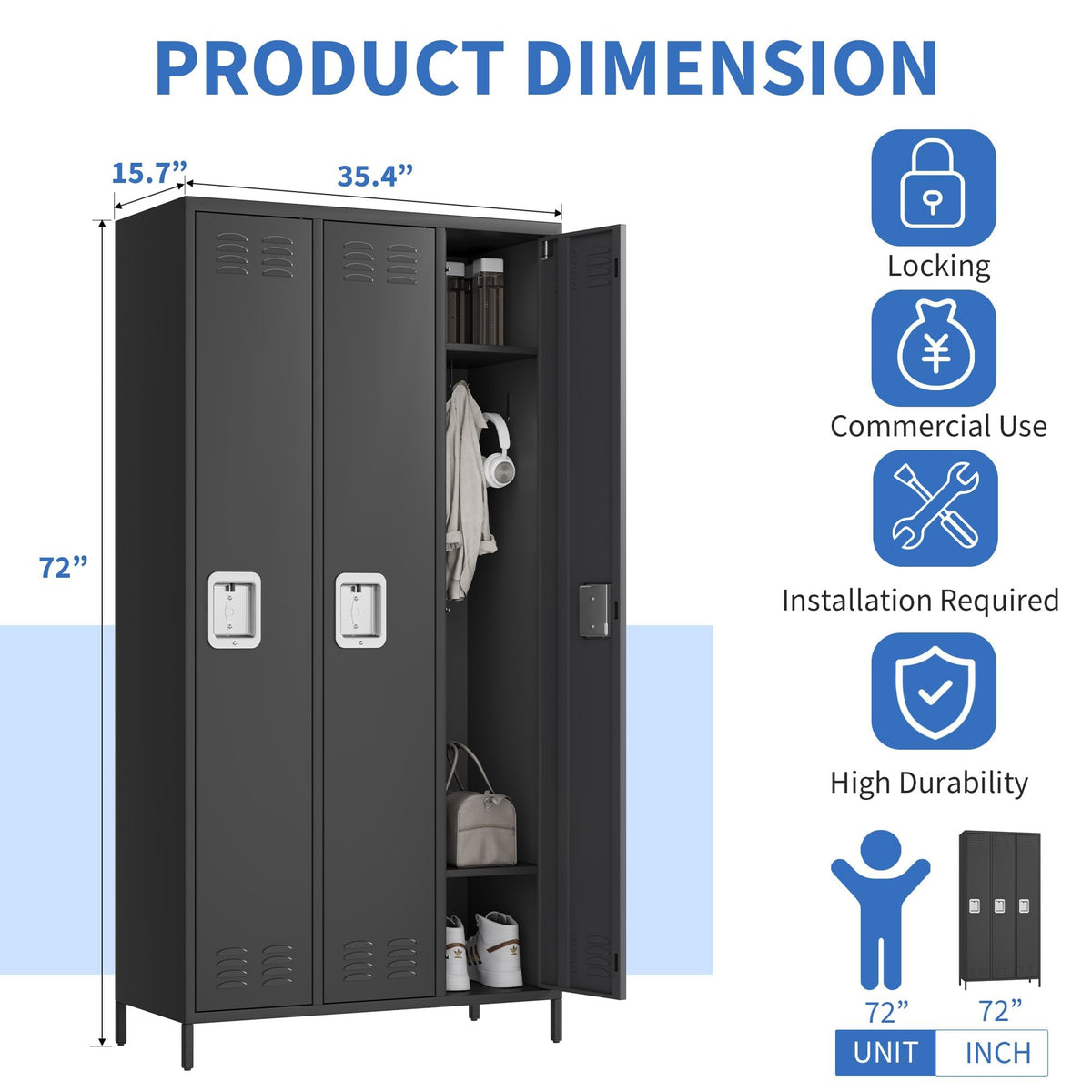 GAOMON 3 Doors Employee Lockers for Office, Metal Sorage Locker Combination, Lockable Employees Metal Locker with Door, Industrial Storage Lockers for Home, School, Gym (3 Doors)