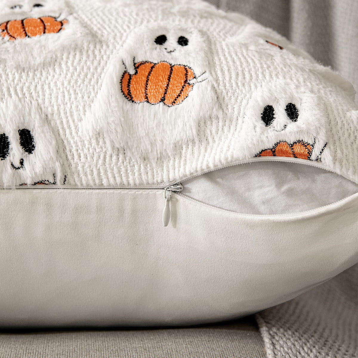 MIULEE Halloween Pillow Covers Decorative Fall Cute Ghost Plush Faux Fur Pillows 18x18 Inch Set of 2 Soft Pumpkin Accents for Sofa Couch Bed Living Room Festive Home Decor, White Bright Orange