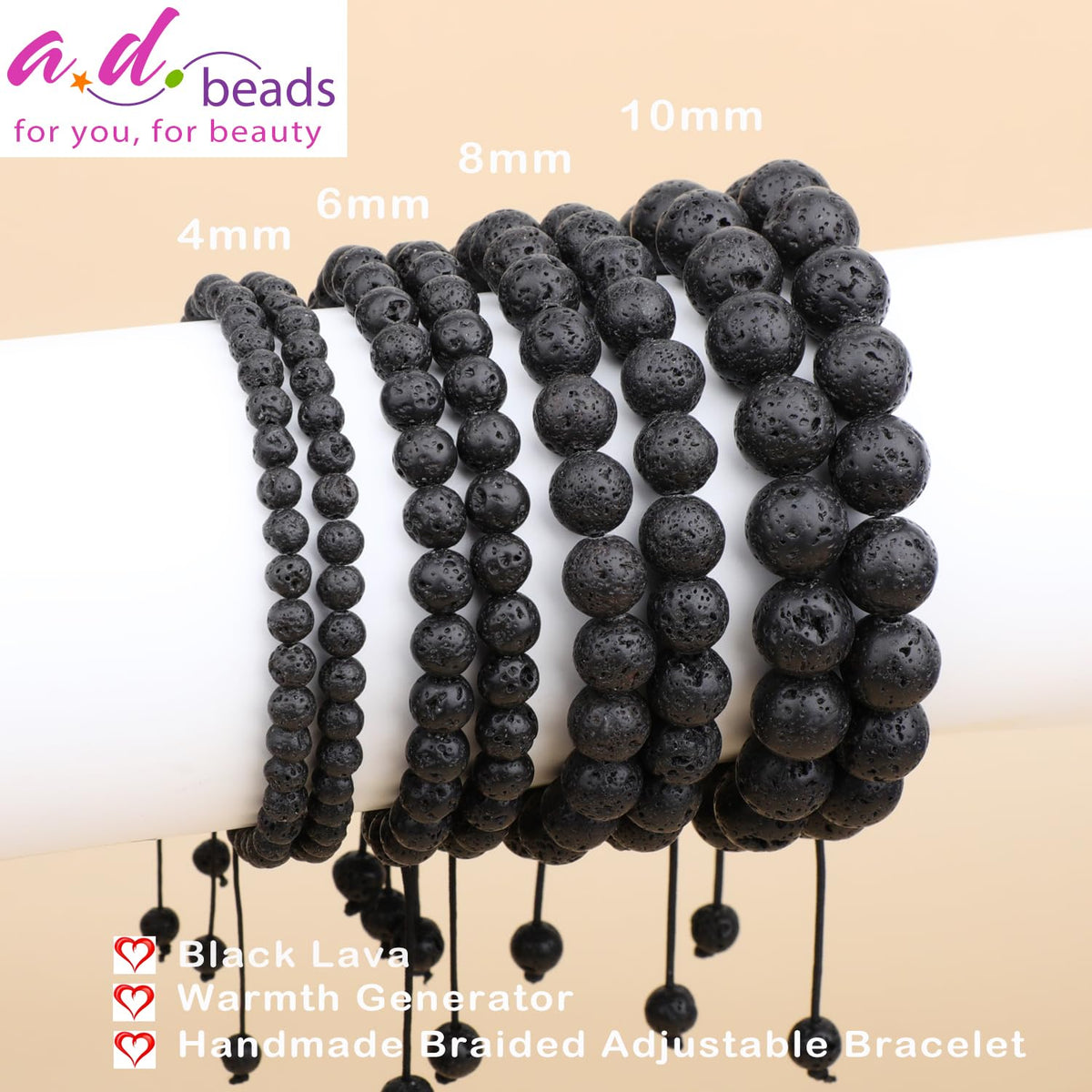 AD Beads 4mm Black Lava - Warmth Generator - Handmade Natural Stone Crystal Bracelet with Adjustable Macrame String - Yoga Healing Power Energy Gifts for Men and Women